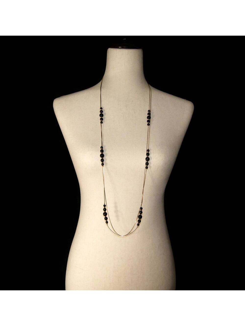 Vintage Gold Tone and Black Plastic Beads 2 Strand 40 Inch Necklace.